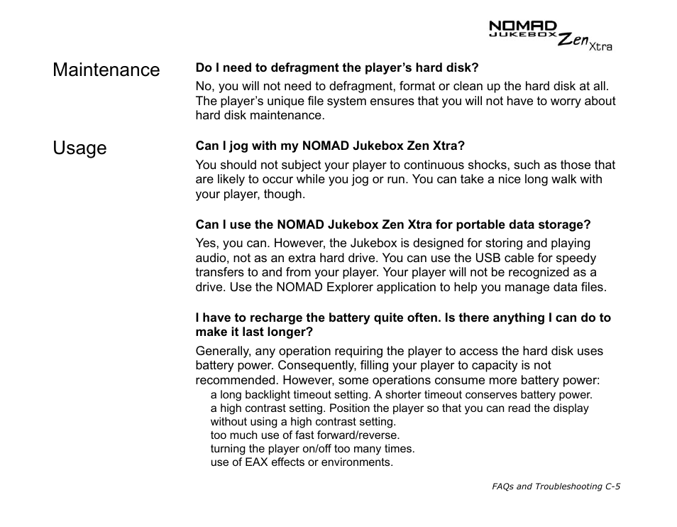 Maintenance, Usage | CREATIVE NOMAD Zen XTRA User Manual | Page 95 / 106