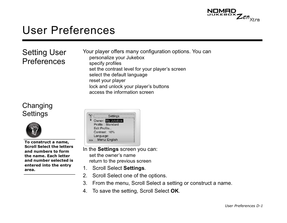 Setting user preferences, Changing settings, User preferences | CREATIVE NOMAD Zen XTRA User Manual | Page 99 / 106
