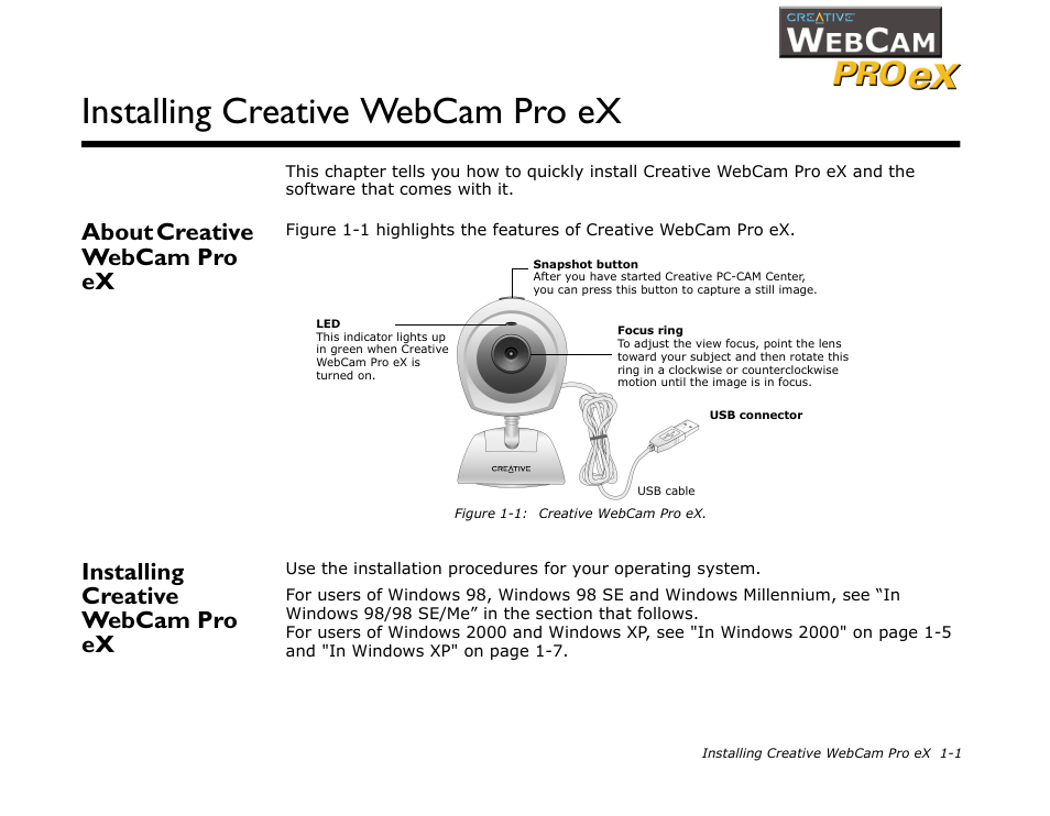 About creative webcam pro ex, Installing creative webcam pro ex | CREATIVE WebCam Pro eX User Manual | Page 11 / 34