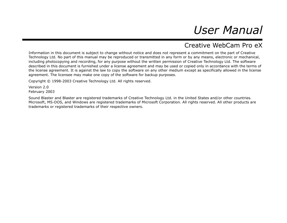 Creative webcam pro ex, User manual | CREATIVE WebCam Pro eX User Manual | Page 2 / 34