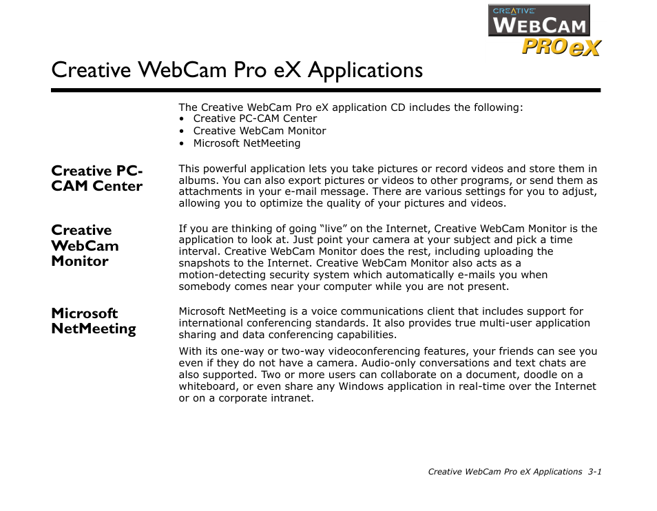 Creative pc- cam center, Creative webcam monitor, Microsoft netmeeting | Creative webcam pro ex applications | CREATIVE WebCam Pro eX User Manual | Page 25 / 34