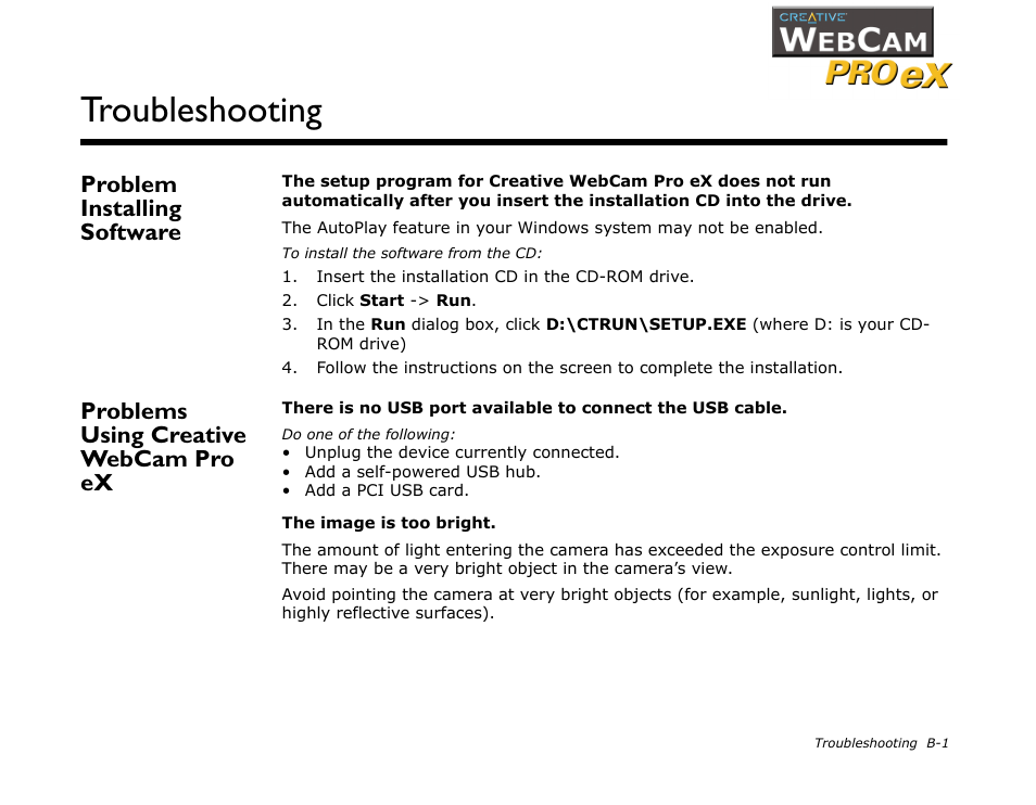 Problem installing software, Problems using creative webcam pro ex, Troubleshooting | CREATIVE WebCam Pro eX User Manual | Page 30 / 34