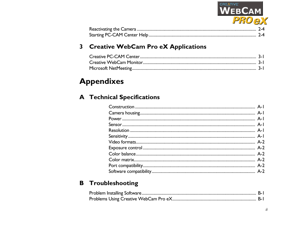 Appendixes | CREATIVE WebCam Pro eX User Manual | Page 5 / 34