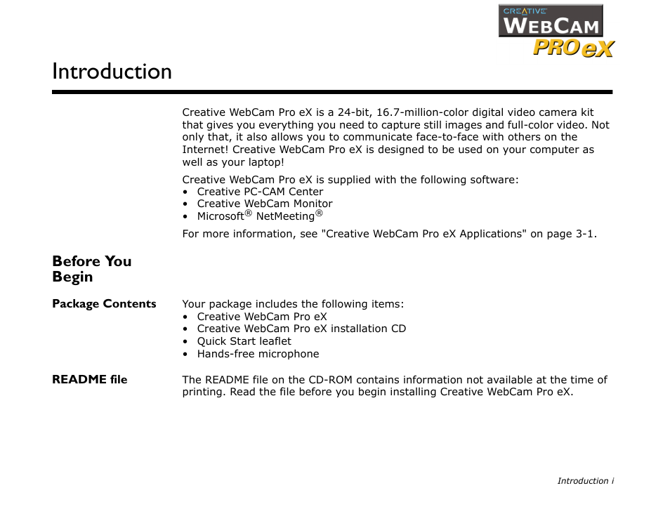 Before you begin, Package contents, Readme file | Introduction | CREATIVE WebCam Pro eX User Manual | Page 8 / 34