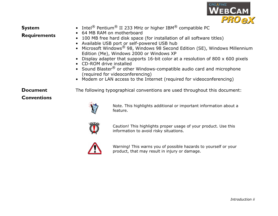System requirements, Document conventions | CREATIVE WebCam Pro eX User Manual | Page 9 / 34