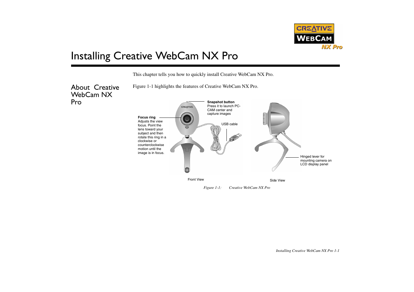 About creative webcam nx pro, Installing creative webcam nx pro, About creative webcam nx pro -1 | CREATIVE NX Pro User Manual | Page 11 / 30