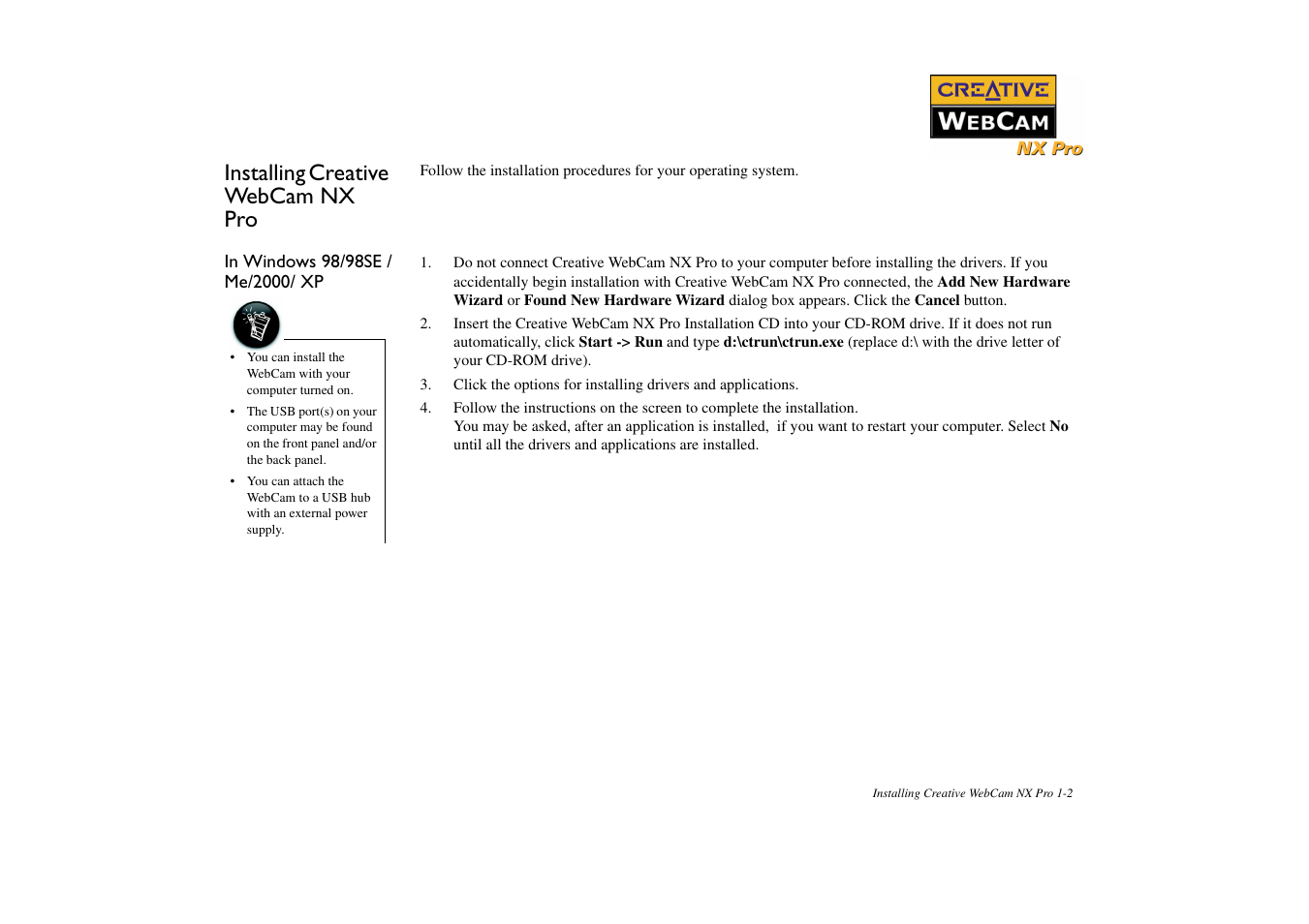 Installing creative webcam nx pro, In windows 98/98se / me/2000/ xp, Installing creative webcam nx pro -2 | In windows 98/98se /me/2000/ xp -2 | CREATIVE NX Pro User Manual | Page 12 / 30