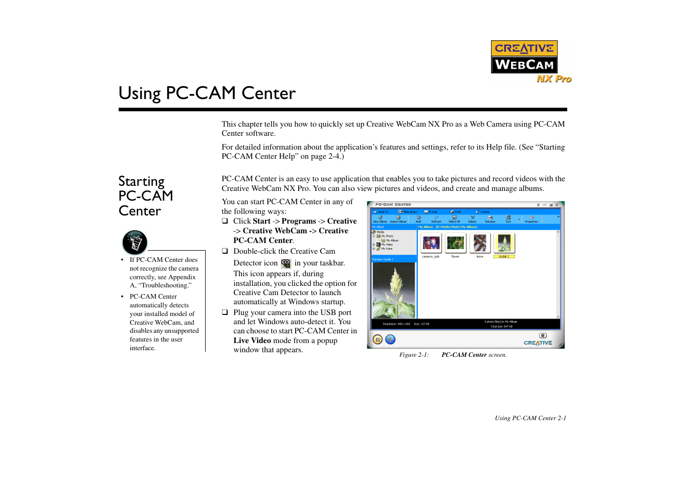 Starting pccam center, Using pc-cam center, Starting pc-cam center -1 | Starting pc-cam center | CREATIVE NX Pro User Manual | Page 17 / 30
