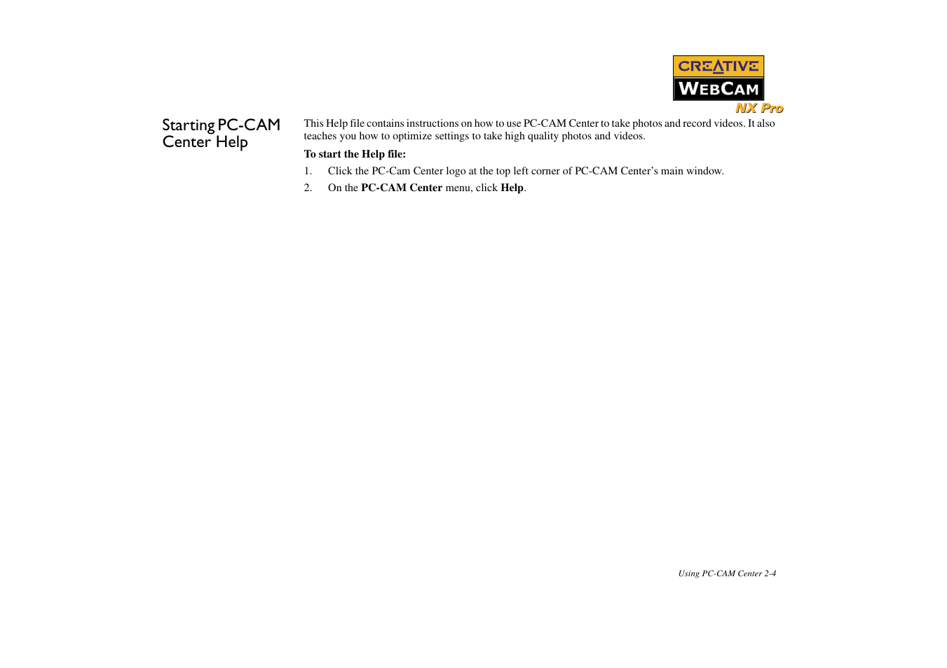 Starting pc-cam center help, Starting pc-cam center help -4 | CREATIVE NX Pro User Manual | Page 20 / 30