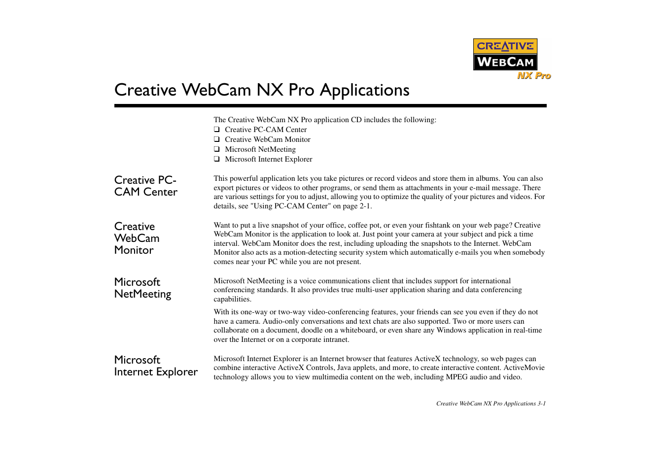 Creative pc- cam center, Creative webcam monitor, Microsoft netmeeting | Microsoft internet explorer, Creative webcam nx pro applications | CREATIVE NX Pro User Manual | Page 22 / 30