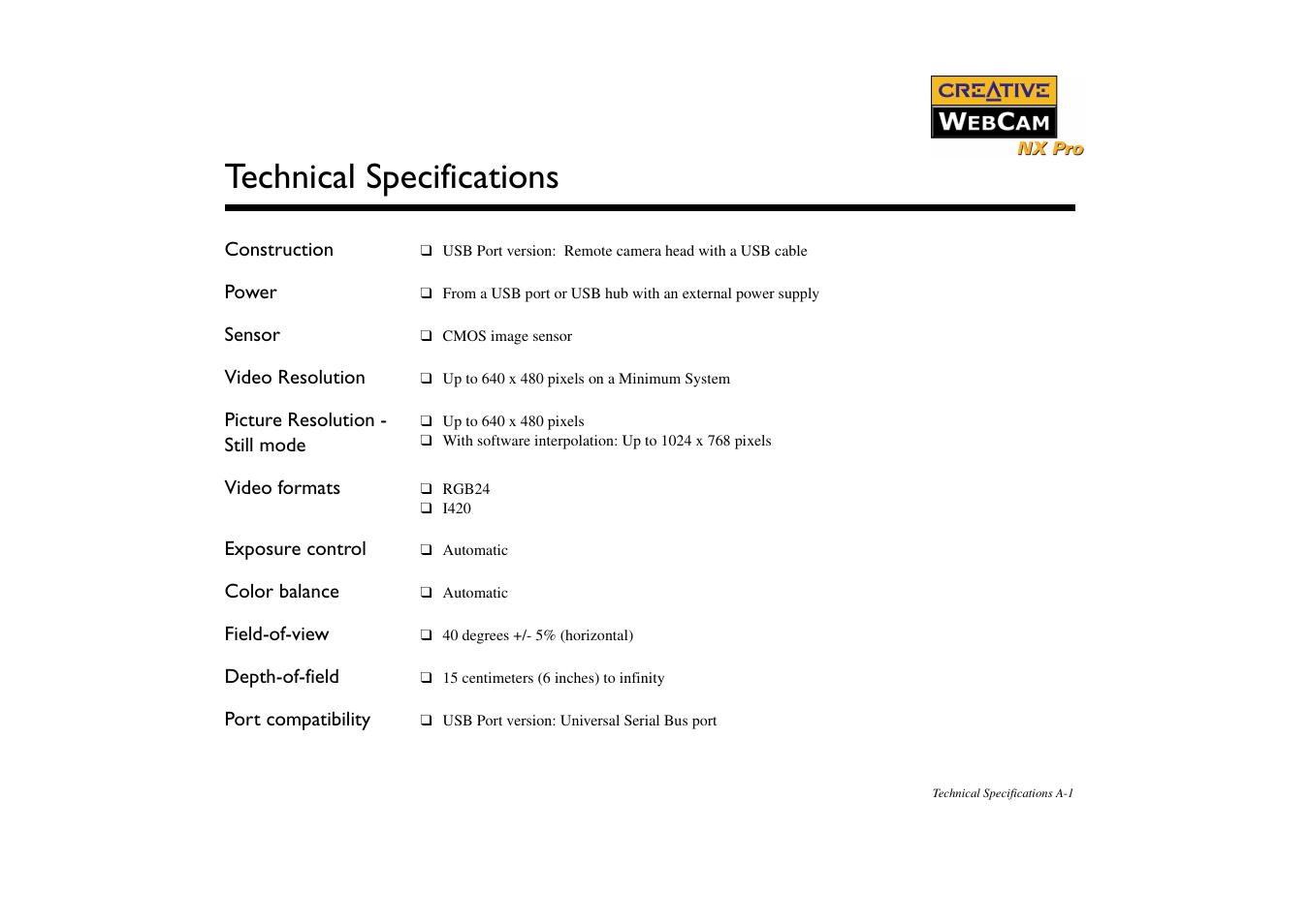 Construction, Power, Sensor | Video resolution, Picture resolution - still mode, Video formats, Exposure control, Color balance, Field-of-view, Depth-of-field | CREATIVE NX Pro User Manual | Page 24 / 30