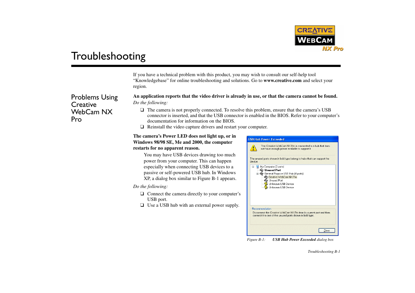 Problems using creative webcam nx pro, Troubleshooting | CREATIVE NX Pro User Manual | Page 27 / 30