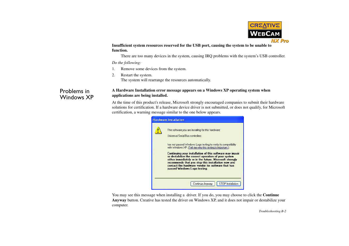 Problems in windows xp | CREATIVE NX Pro User Manual | Page 28 / 30