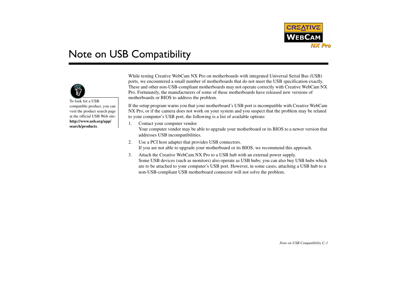 Note on usb compatibility | CREATIVE NX Pro User Manual | Page 30 / 30