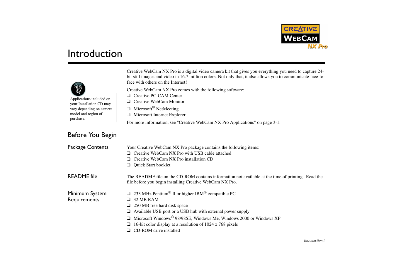 Before you begin, Package contents, Readme file | Minimum system requirements, Introduction | CREATIVE NX Pro User Manual | Page 7 / 30