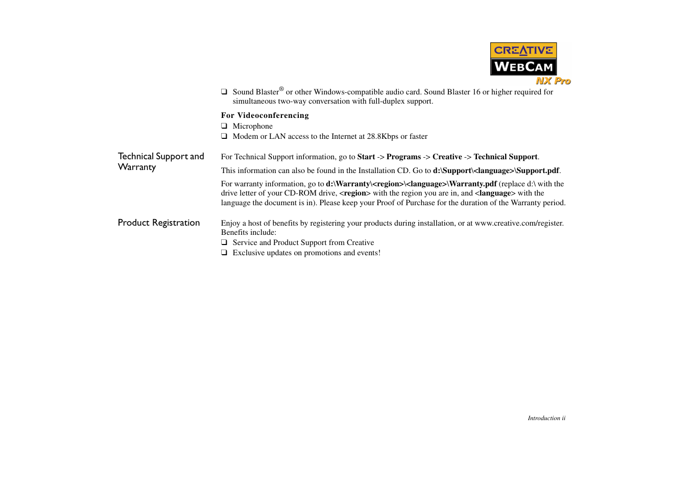 Technical support and warranty, Product registration | CREATIVE NX Pro User Manual | Page 8 / 30