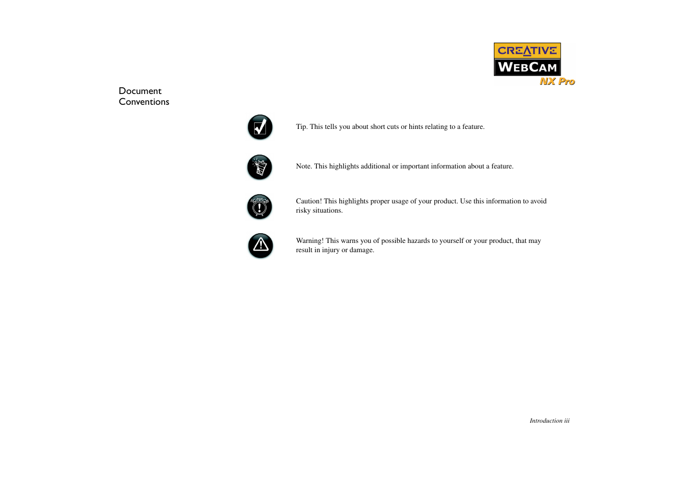 Document conventions | CREATIVE NX Pro User Manual | Page 9 / 30