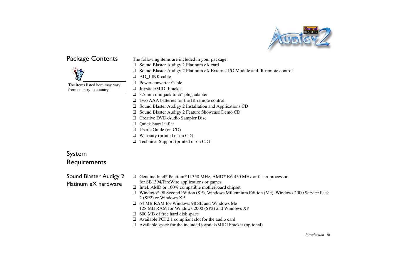 Package contents, System requirements | CREATIVE Sound Blaster Audigy 2 Platinum eX User Manual | Page 11 / 75
