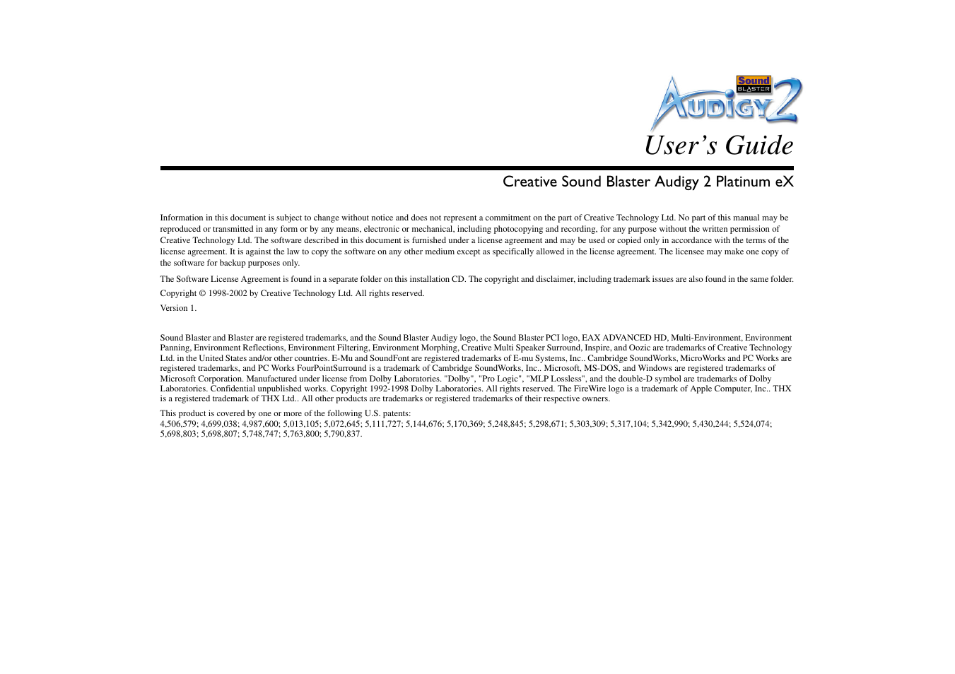 User’s guide | CREATIVE Sound Blaster Audigy 2 Platinum eX User Manual | Page 2 / 75