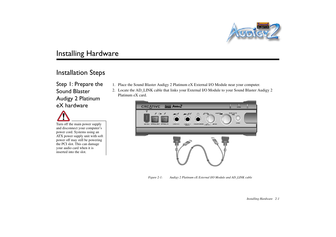 Installing hardware, Installation steps, Installation steps -1 | CREATIVE Sound Blaster Audigy 2 Platinum eX User Manual | Page 26 / 75