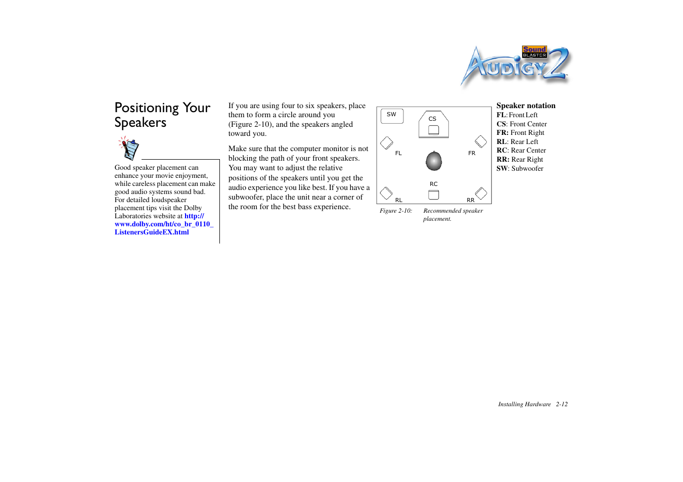 Positioning your speakers, Positioning your speakers -12 | CREATIVE Sound Blaster Audigy 2 Platinum eX User Manual | Page 37 / 75