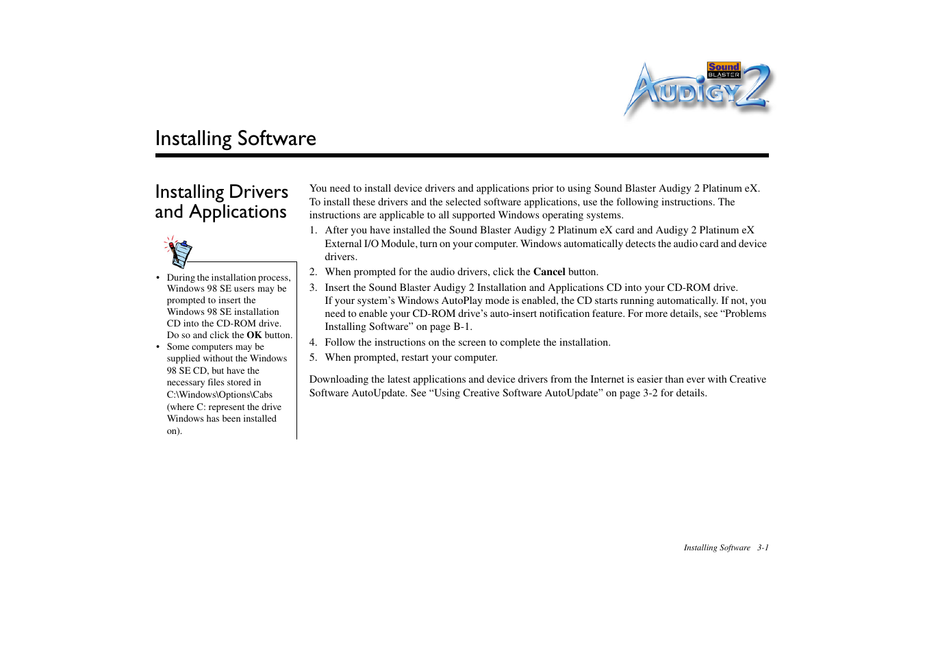 Installing software, Installing drivers and applications, Installing drivers and applications -1 | CREATIVE Sound Blaster Audigy 2 Platinum eX User Manual | Page 39 / 75