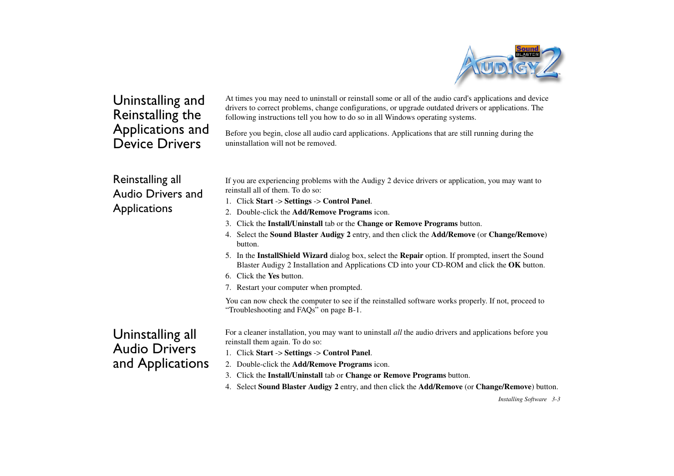 Reinstalling all audio drivers and applications, Uninstalling all audio drivers and applications, Reinstalling all audio drivers and applications -3 | Uninstalling all audio drivers and applications -3 | CREATIVE Sound Blaster Audigy 2 Platinum eX User Manual | Page 41 / 75