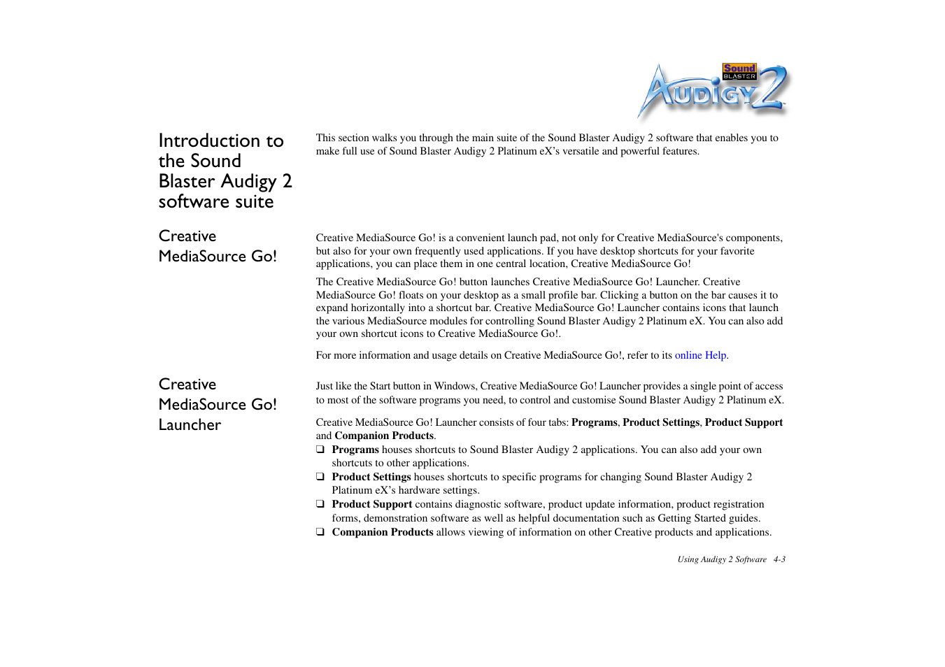 Creative mediasource go, Creative mediasource go! launcher | CREATIVE Sound Blaster Audigy 2 Platinum eX User Manual | Page 47 / 75
