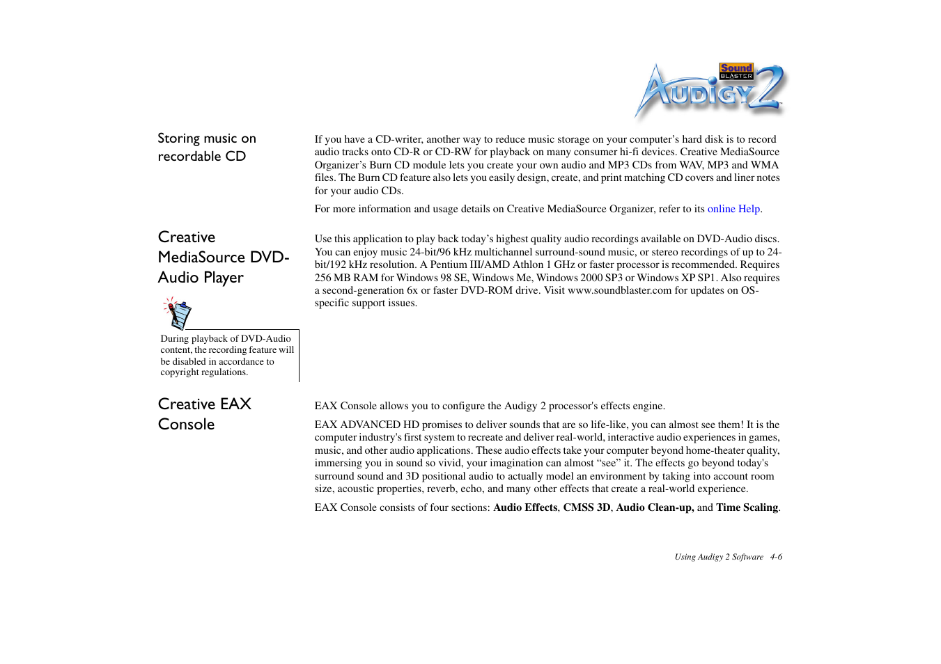 Creative mediasource dvd- audio player, Creative eax console, Creative mediasource dvd-audio | CREATIVE Sound Blaster Audigy 2 Platinum eX User Manual | Page 50 / 75