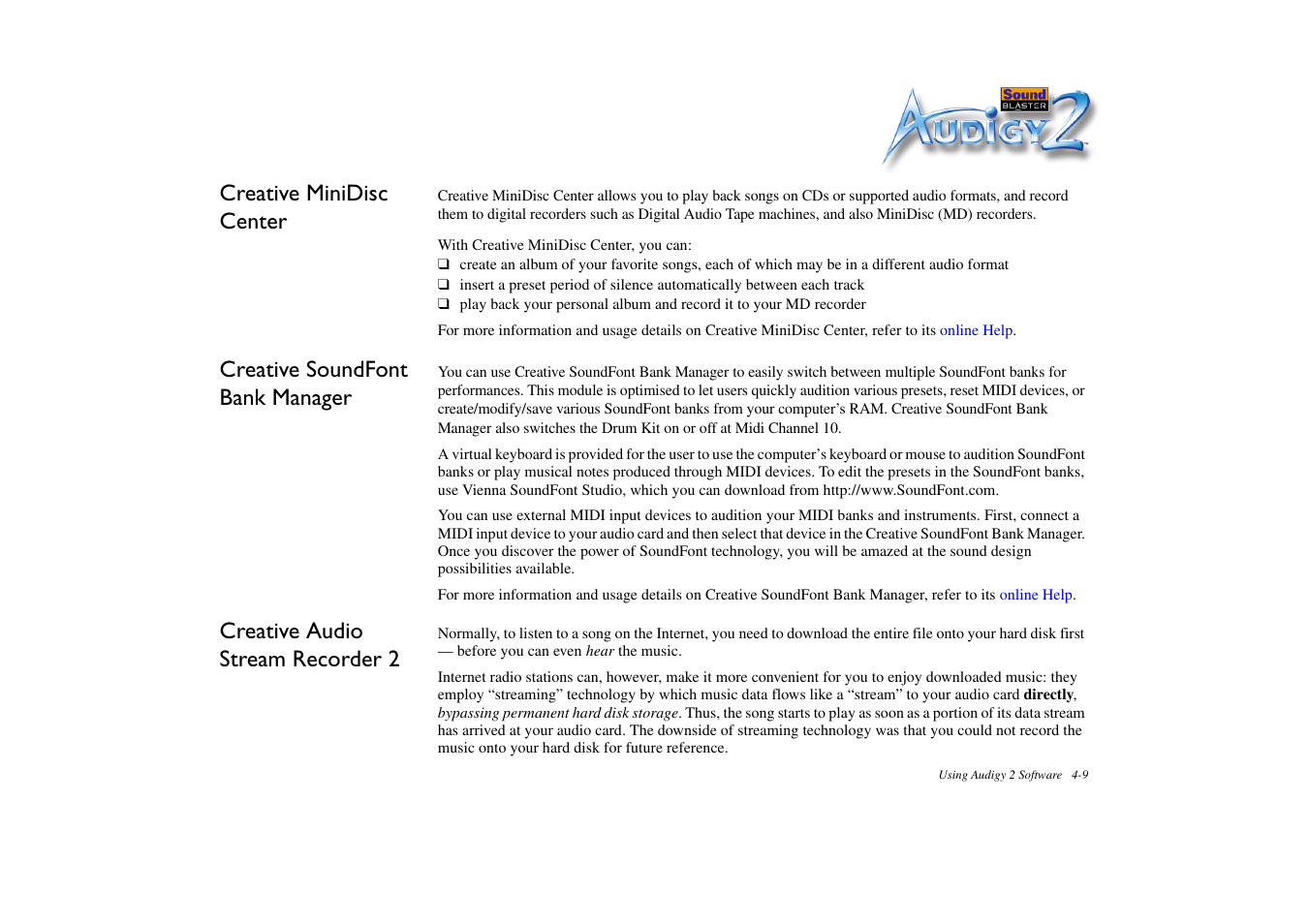 Creative minidisc center, Creative soundfont bank manager, Creative audio stream recorder 2 | Creative audio stream recorder 2 -9 | CREATIVE Sound Blaster Audigy 2 Platinum eX User Manual | Page 53 / 75