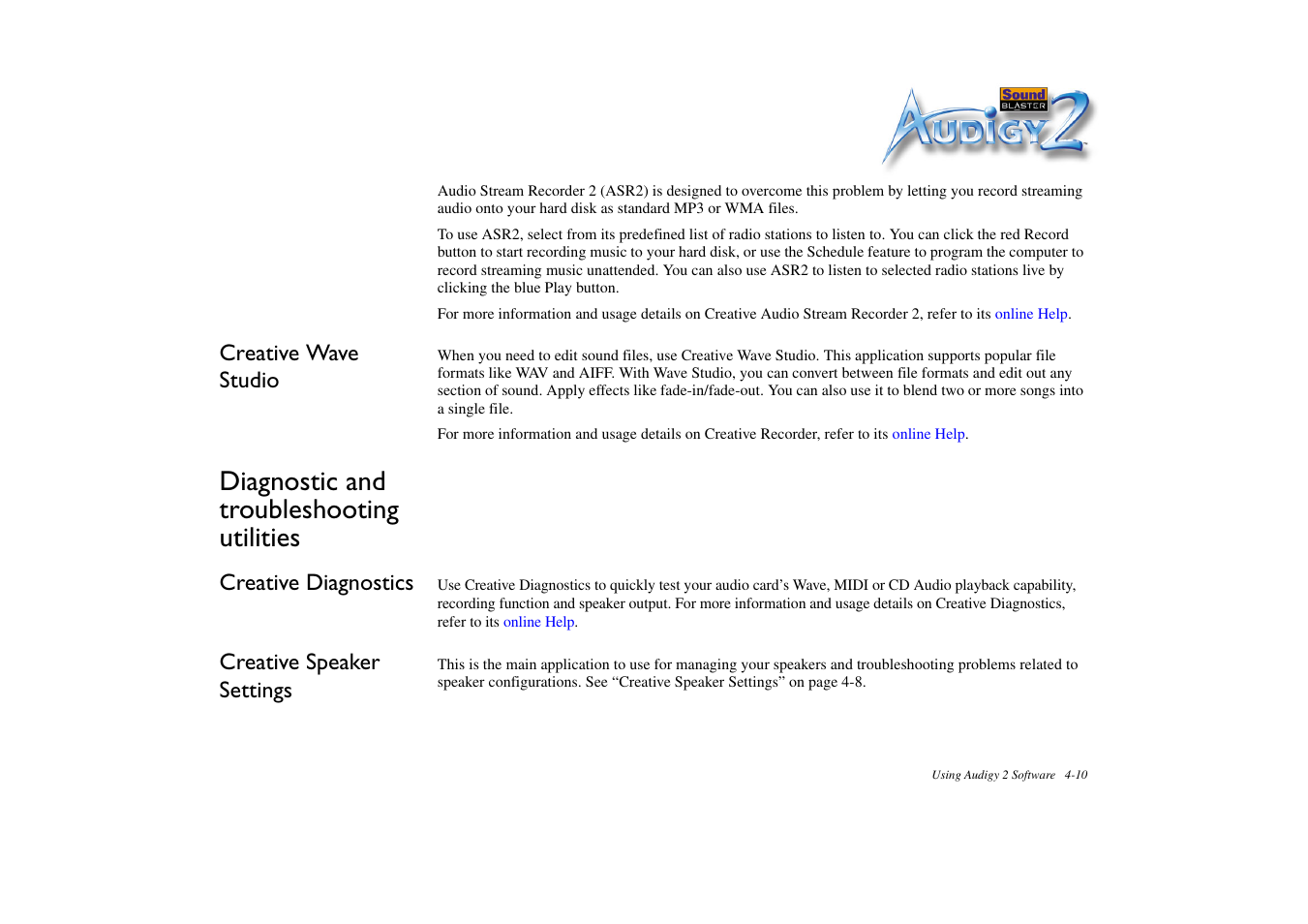 Creative wave studio, Diagnostic and troubleshooting utilities, Creative diagnostics | Creative speaker settings, Creative wave studio -10, Diagnostic and troubleshooting utilities -10 | CREATIVE Sound Blaster Audigy 2 Platinum eX User Manual | Page 54 / 75