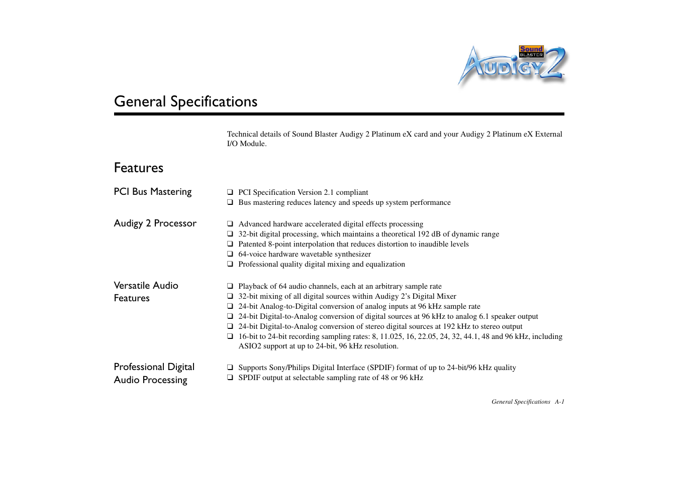 General specifications, Features | CREATIVE Sound Blaster Audigy 2 Platinum eX User Manual | Page 56 / 75
