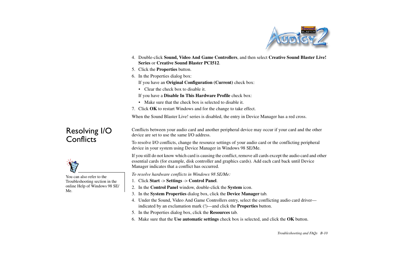 Resolving i/o conflicts | CREATIVE Sound Blaster Audigy 2 Platinum eX User Manual | Page 70 / 75