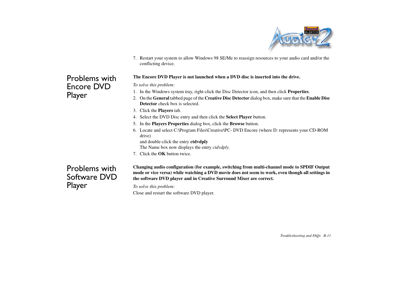 Problems with encore dvd player, Problems with software dvd player | CREATIVE Sound Blaster Audigy 2 Platinum eX User Manual | Page 71 / 75