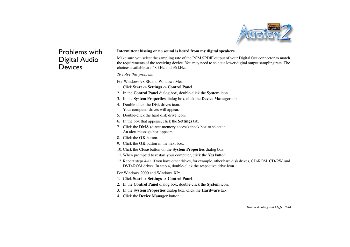Problems with digital audio devices | CREATIVE Sound Blaster Audigy 2 Platinum eX User Manual | Page 74 / 75