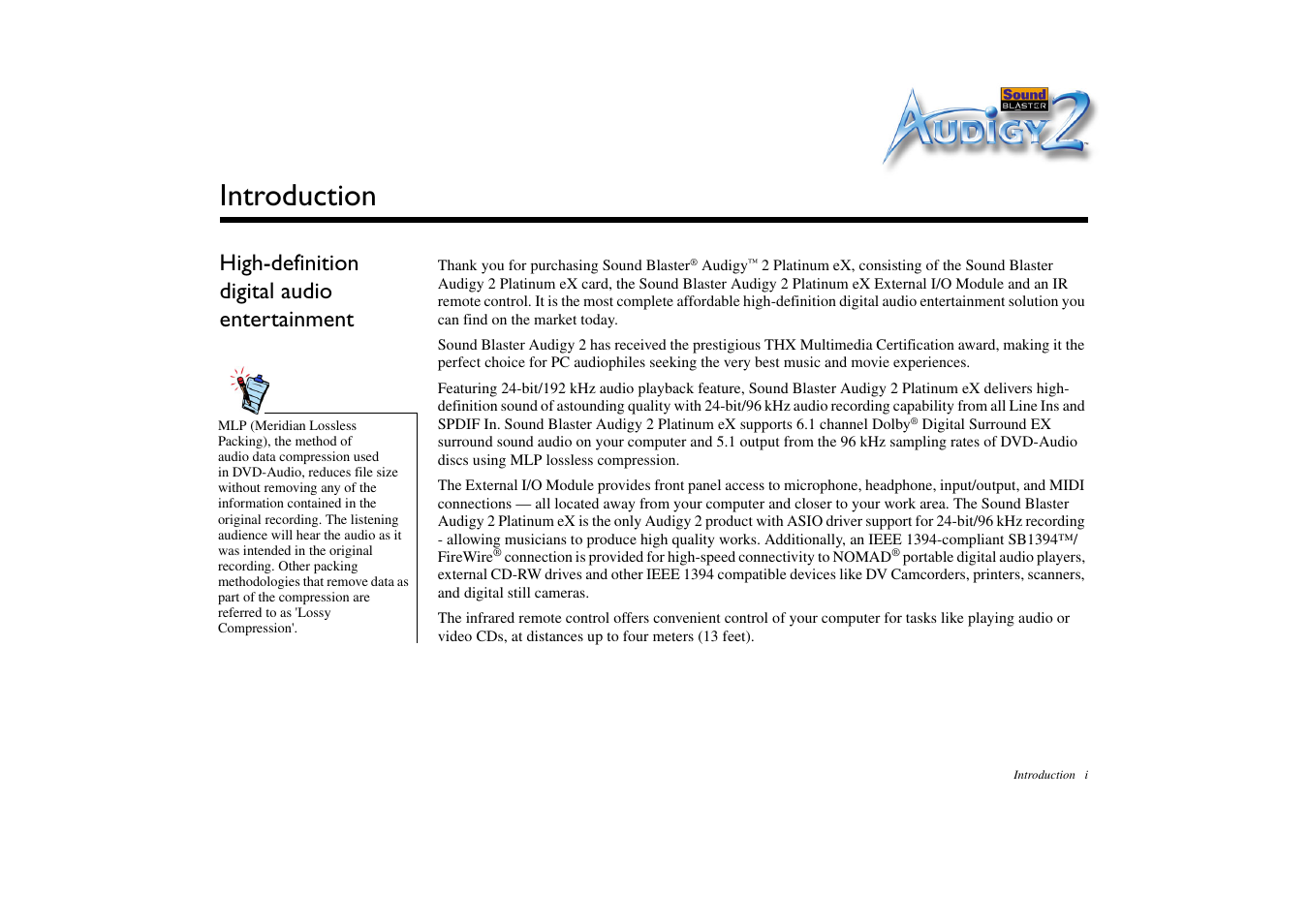 Introduction, High-definition digital audio entertainment | CREATIVE Sound Blaster Audigy 2 Platinum eX User Manual | Page 9 / 75