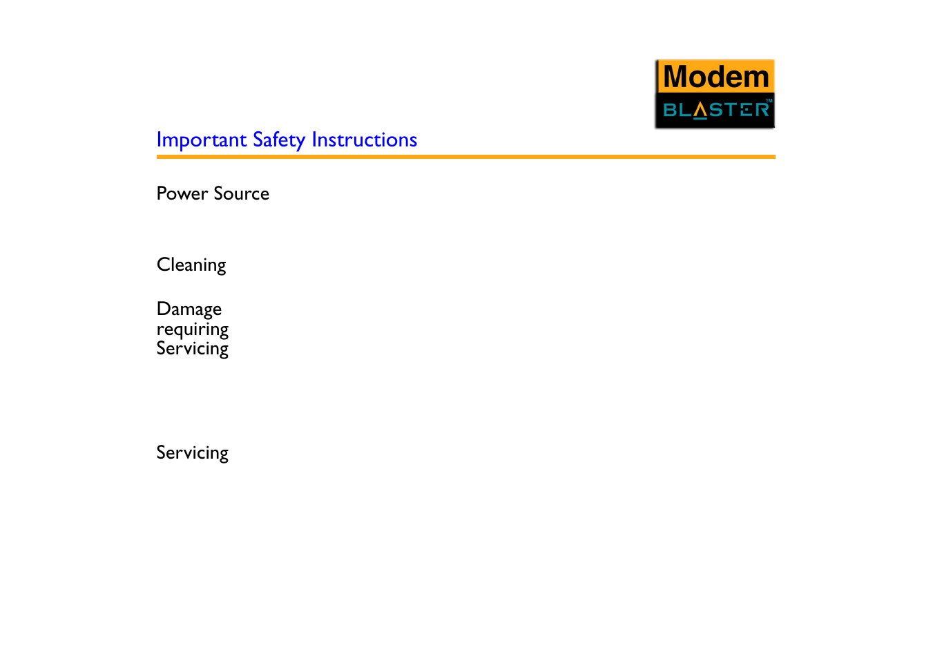 Important safety instructions, Power source, Cleaning | Damage requiring servicing, Servicing | CREATIVE Blaster Modem User Manual | Page 13 / 61