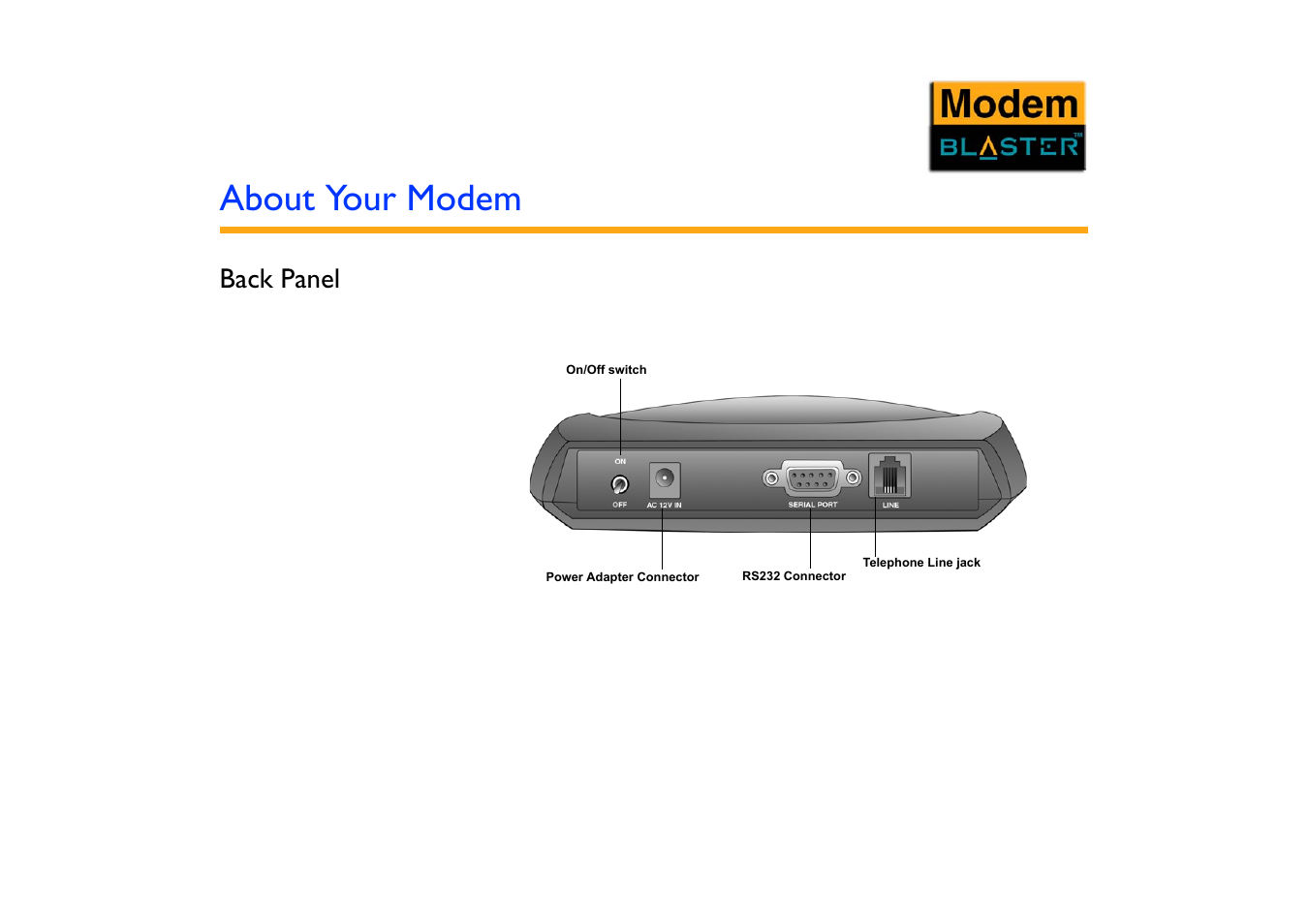 About your modem, Back panel, Back panel -1 led display -2 | CREATIVE Blaster Modem User Manual | Page 18 / 61
