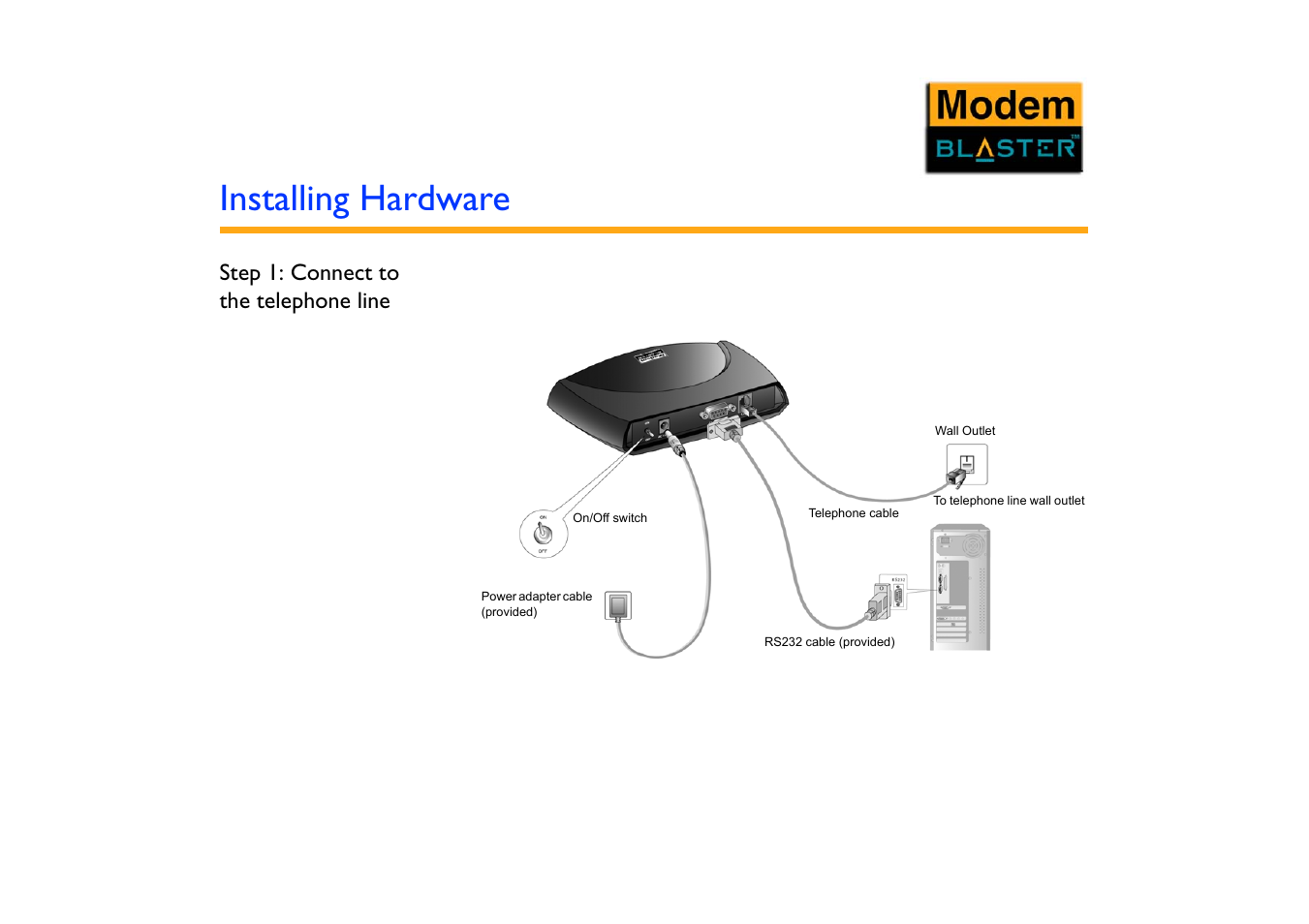 Installing hardware, Step 1: connect to the telephone line, Step 1: connect to the telephone line -1 | CREATIVE Blaster Modem User Manual | Page 21 / 61