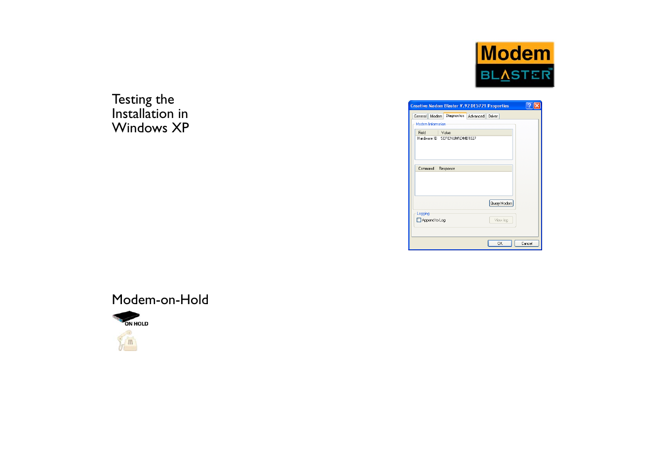 Testing the installation in windows xp, Modem-on-hold, Modem-on-hold -6 | Installing netwaiting -7 | CREATIVE Blaster Modem User Manual | Page 29 / 61