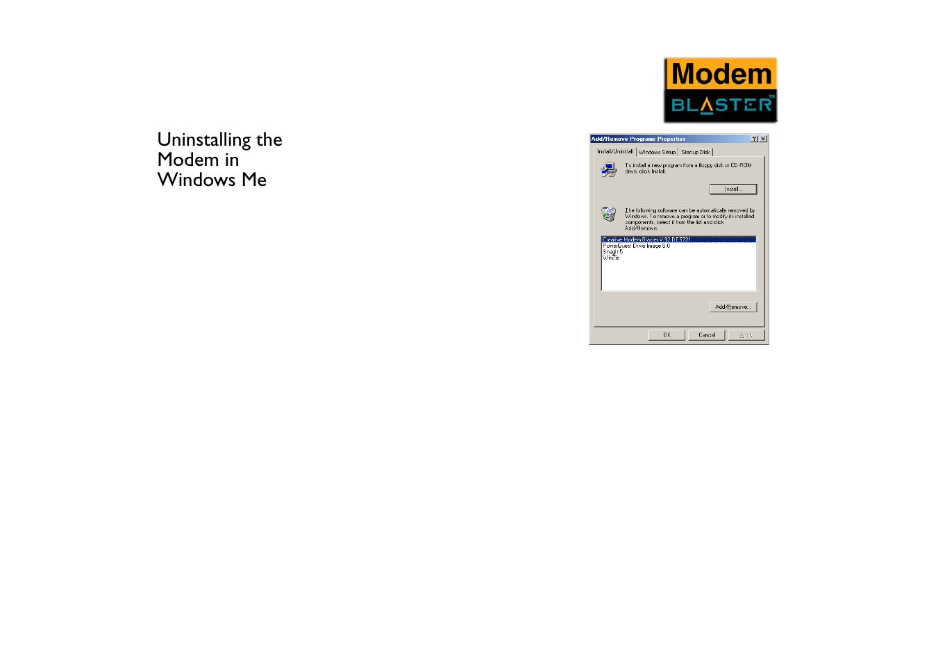 Uninstalling the modem in windows me, Uninstalling the modem in windows me -3 | CREATIVE Blaster Modem User Manual | Page 36 / 61