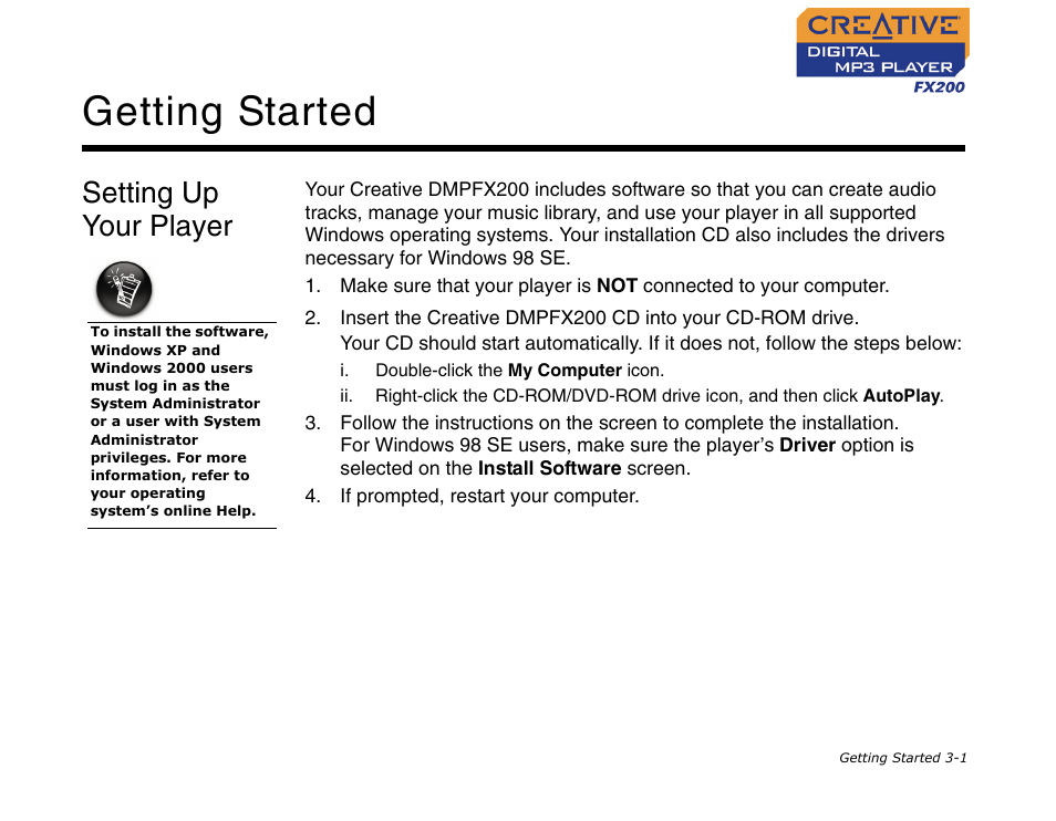 Setting up your player, Setting up your player -1, Getting started | CREATIVE Digital MP3 Player FX200 User Manual | Page 15 / 62