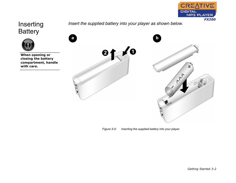Inserting battery, Inserting battery -2 | CREATIVE Digital MP3 Player FX200 User Manual | Page 16 / 62