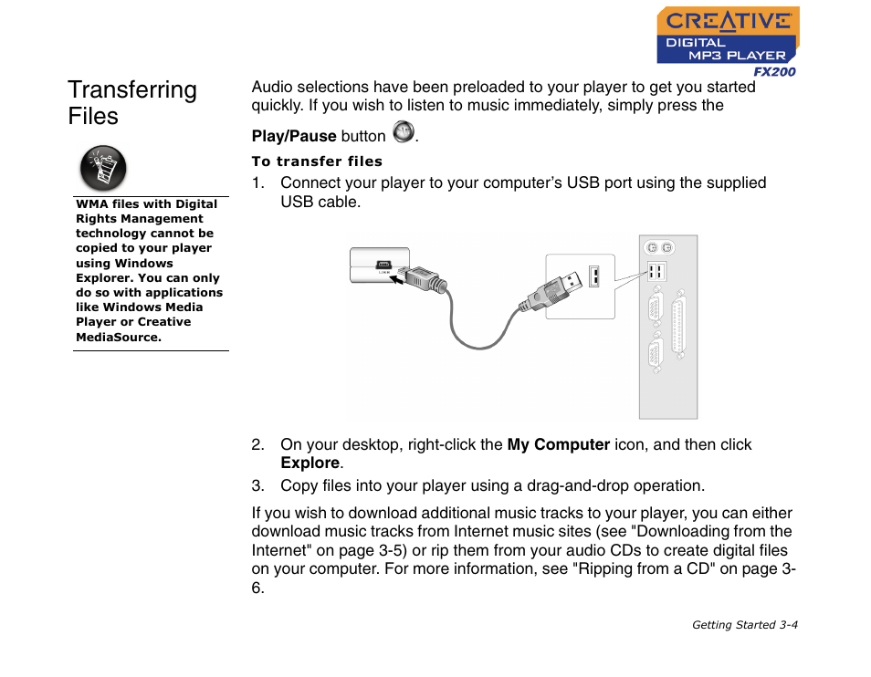 Transferring files, Transferring files -4 | CREATIVE Digital MP3 Player FX200 User Manual | Page 18 / 62