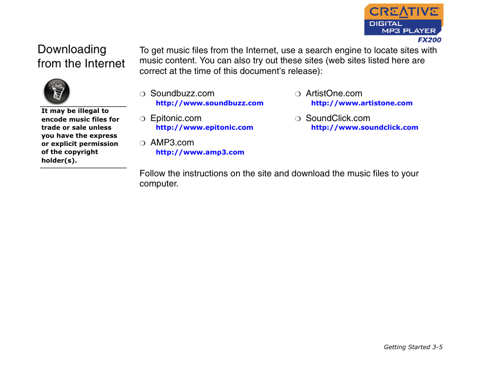 Downloading from the internet, Downloading from the internet -5 | CREATIVE Digital MP3 Player FX200 User Manual | Page 19 / 62