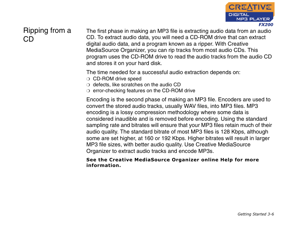 Ripping from a cd, Ripping from a cd -6 | CREATIVE Digital MP3 Player FX200 User Manual | Page 20 / 62