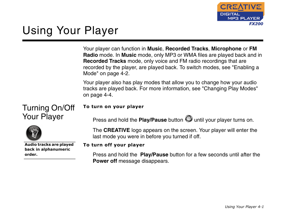 Turning on/off your player, Turning on/off your player -1, Using your player | CREATIVE Digital MP3 Player FX200 User Manual | Page 22 / 62