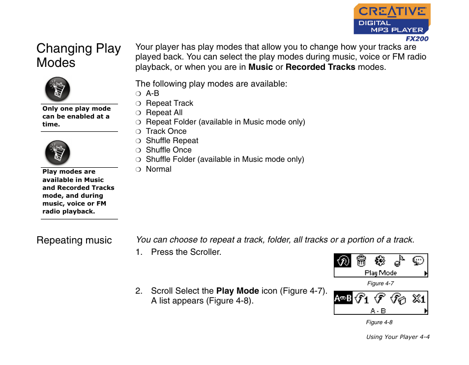 Changing play modes, Repeating music, Changing play modes -4 | Repeating music -4 | CREATIVE Digital MP3 Player FX200 User Manual | Page 25 / 62
