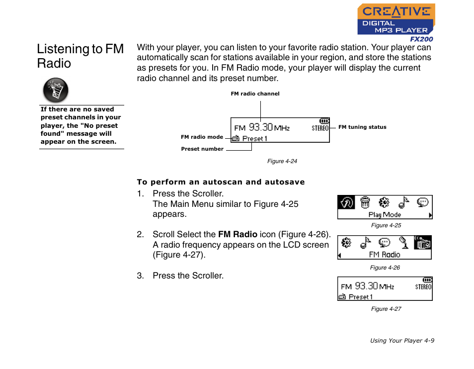 Listening to fm radio, Listening to fm radio -9 | CREATIVE Digital MP3 Player FX200 User Manual | Page 30 / 62