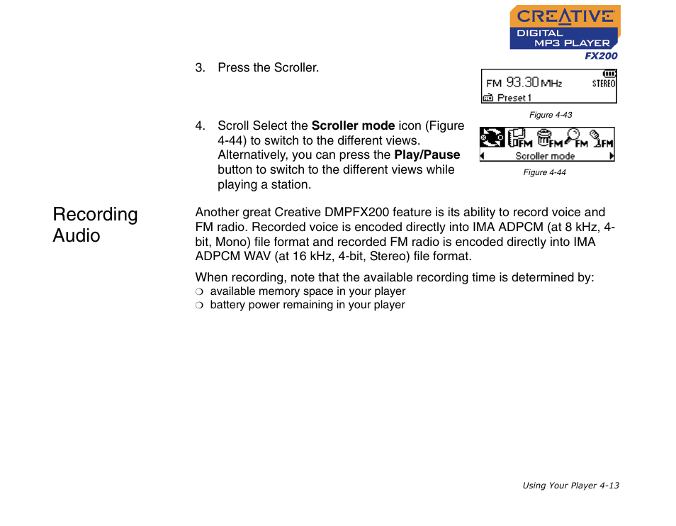 Recording audio, Recording audio -13, Figure 4-43) | CREATIVE Digital MP3 Player FX200 User Manual | Page 34 / 62